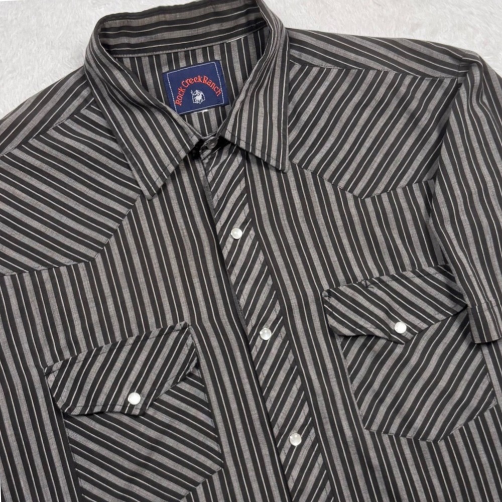VTG 80s 90 Rock Creek Ranch Western Shirt Mens XL Black Gray Striped Pearl Snap